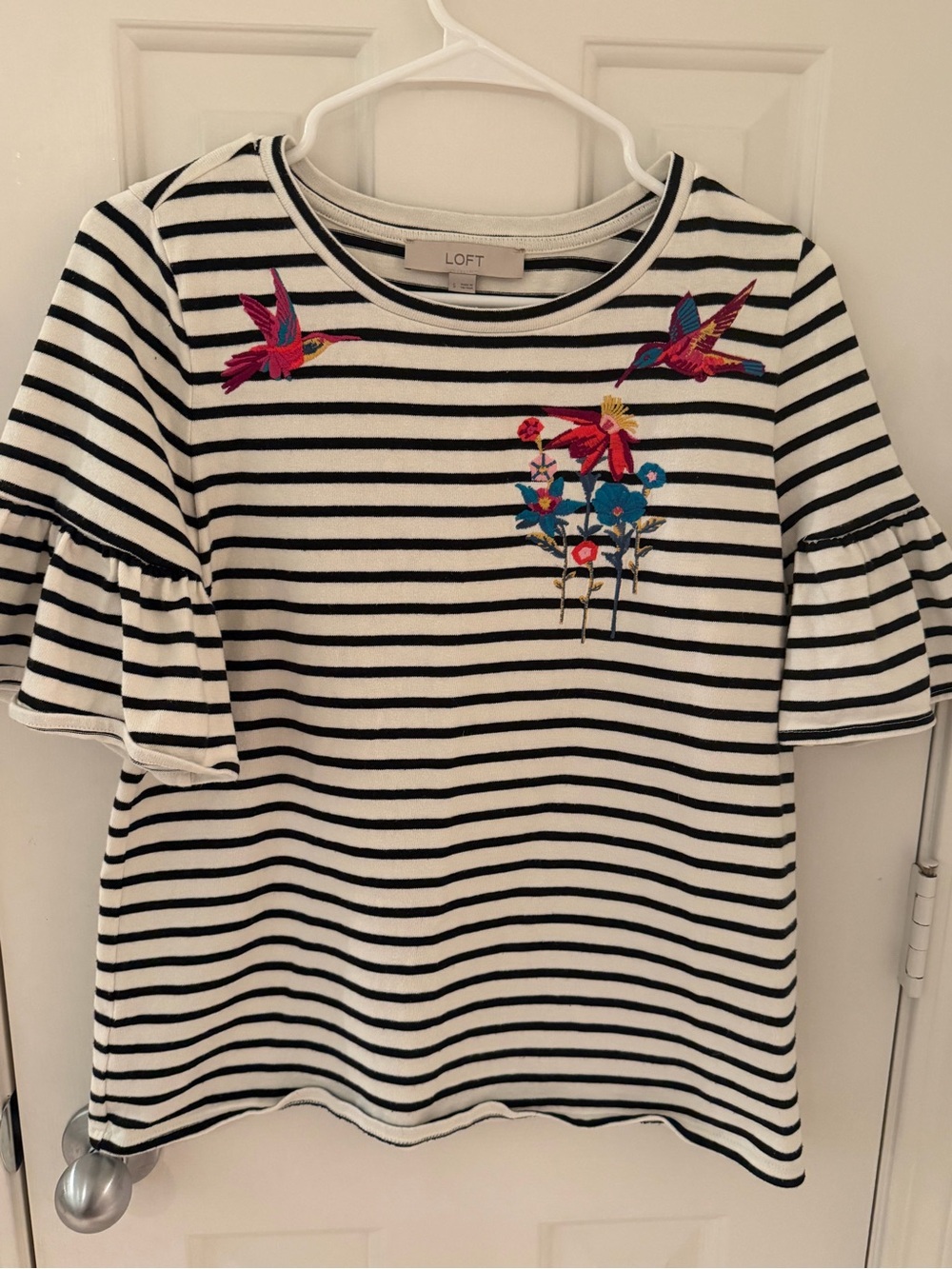 LOFT Black & White Striped Tee with Colorful Bird & Floral Embroidery